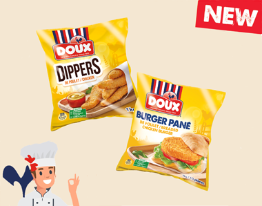 Montaje fotográfico con las imágenes 3D de los Dippers de pollo Doux y de la Hamburguesa empanada de pollo Doux